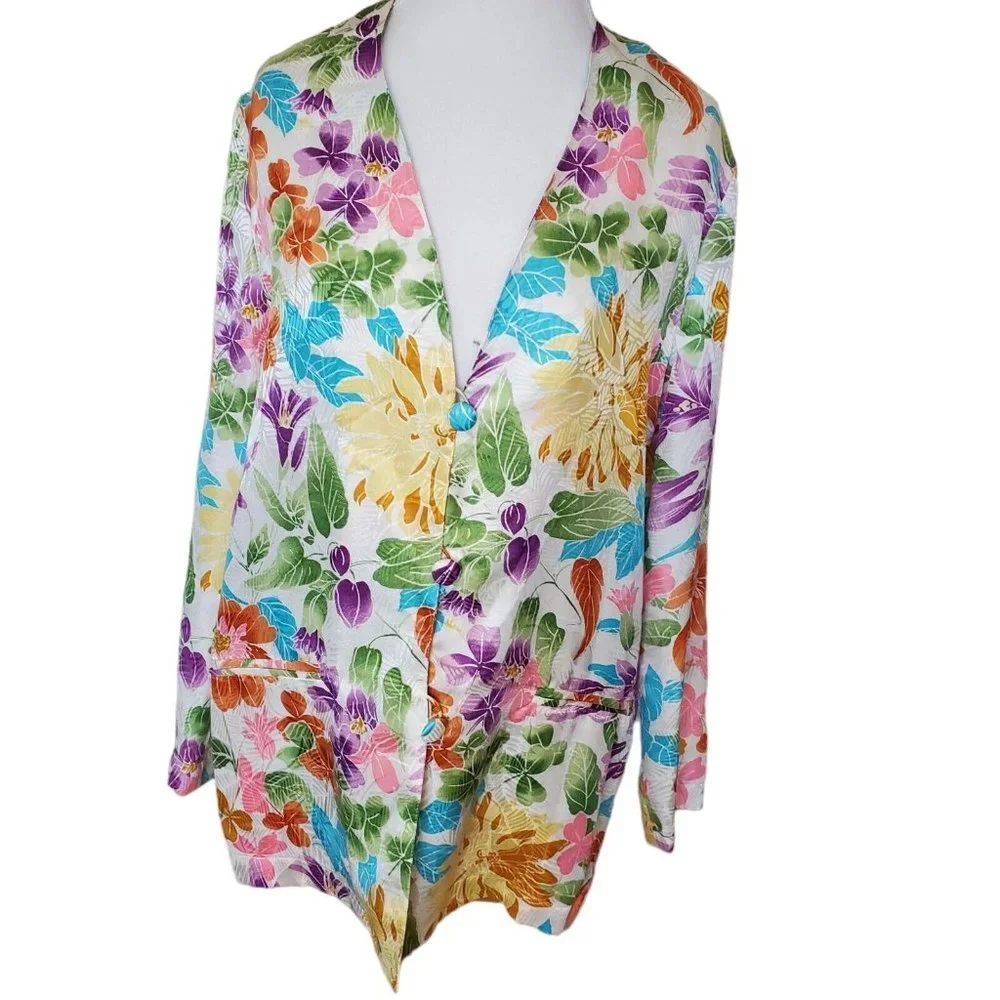 Vintage Floral Thin‎ Silk Jacket Colorful Satin Sz Medium Pockets Oversized